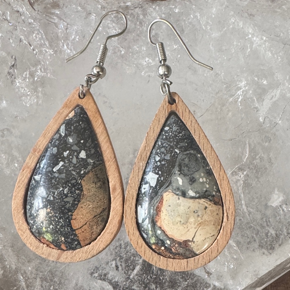 Wood and Maligano Jasper Stone Teardrop Earrings